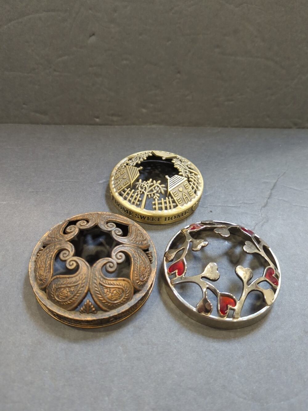 Lot Of 3 Yankee Candle Illuma Lid Topper HEART, HOME SWEET HOME & PAISLEY DESIGN